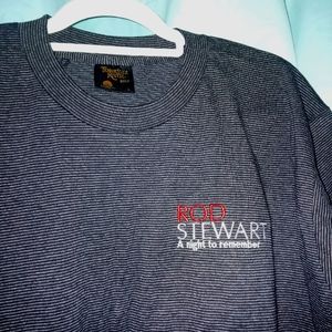 Never Worn Vintage Rod Stewart Black Stripes Embroidered T-Shirt L Singl…